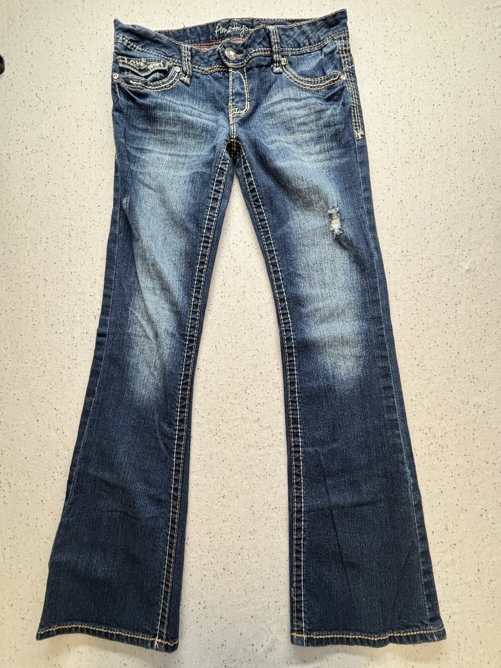 VTG Amethyst Bootcut Jeans Womens 11 31x30 Thick Stitch Distressed Y2K Low Rise